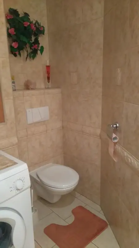 Béžová koupelna se závěsným WC a pračkou u stěny